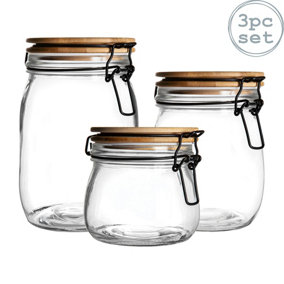 Argon Tableware - Wooden Clip Lid Storage Jar Set - 3 Sizes - White Seal