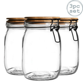 Argon Tableware - Wooden Clip Lid Storage Jars - 1 Litre - Black Seal - Pack of 3