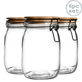 Argon Tableware - Wooden Clip Lid Storage Jars - 1 Litre - Black Seal - Pack of 6