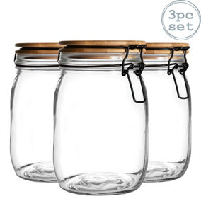 Argon Tableware - Wooden Clip Lid Storage Jars - 1 Litre - Clear Seal - Pack of 3
