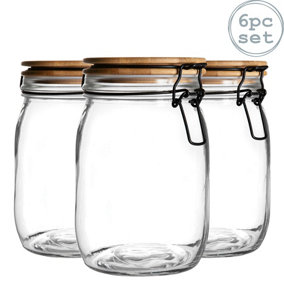 Argon Tableware - Wooden Clip Lid Storage Jars - 1 Litre - Clear Seal - Pack of 6
