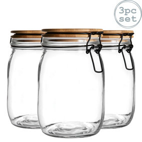 Argon Tableware - Wooden Clip Lid Storage Jars - 1 Litre - White Seal - Pack of 3