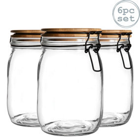 Argon Tableware - Wooden Clip Lid Storage Jars - 1 Litre - White Seal - Pack of 6