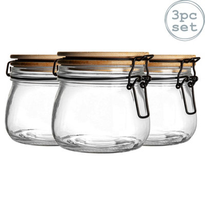 Argon Tableware - Wooden Clip Lid Storage Jars - 500ml - Clear Seal - Pack of 3