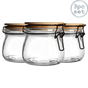 Argon Tableware - Wooden Clip Lid Storage Jars - 500ml - Clear Seal - Pack of 3