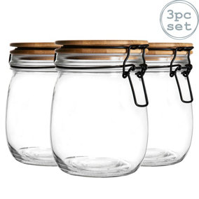 Argon Tableware - Wooden Clip Lid Storage Jars - 750ml - Clear Seal - Pack of 3