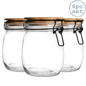 Argon Tableware - Wooden Clip Lid Storage Jars - 750ml - Clear Seal - Pack of 6