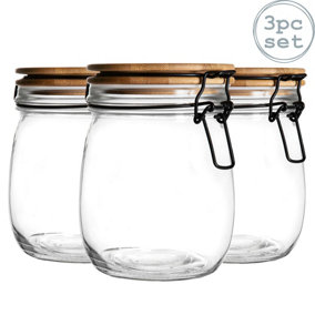 Argon Tableware - Wooden Clip Lid Storage Jars - 750ml - White Seal - Pack of 3