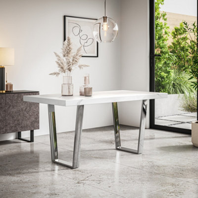 Aria 4-6 Seater Dining Table Modern White Marble Effect Table Top w Chrome Legs