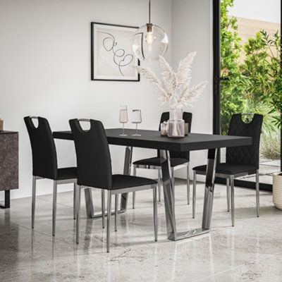 Aria Dining Table And Chairs -  Black Table Top w Chrome Legs + Monza Faux Leather Dining Chair w Chrome Legs Set Of 4 (Black)