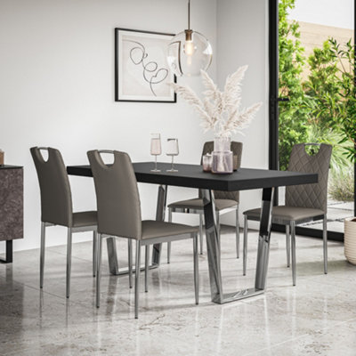 Aria Dining Table And Chairs -  Black Table Top w Chrome Legs + Monza Faux Leather Dining Chair w Chrome Legs Set Of 4 (Grey)