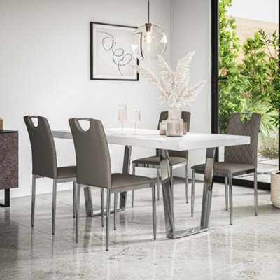 Aria Dining Table And Chairs - White Marble Effect Top w Chrome Legs + 6 Monza Faux Leather Dining Chairs w Chrome Legs (Grey)