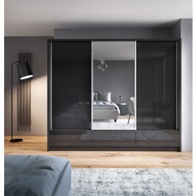 Aria I Mirrored Sliding Three Door Wardrobe 250cm in Black Gloss