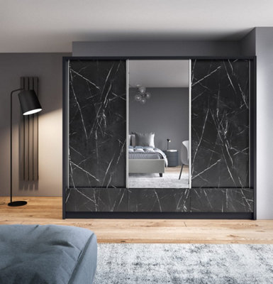 Aria I Mirrored Sliding Three Door Wardrobe 250cm in Black Marble