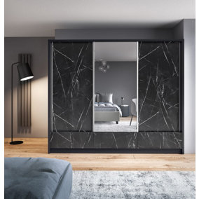 Aria I Mirrored Sliding Three Door Wardrobe 250cm in Black Marble