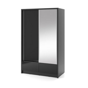 Aria I Mirrored Sliding Two Door Wardrobe 130cm in Black Gloss