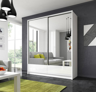 Aria II Mirrored Sliding Two Door Wardrobe 180cm in White Gloss