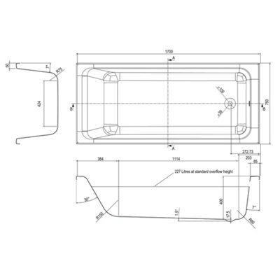 Arica White Super-Strong Acrylic Single Ended Straight Bath (L)1700mm (W)750mm