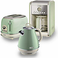 Ariete ARPK8 Vintage Retro Jug Kettle, Toaster & Filter Coffee Machine Set, Green