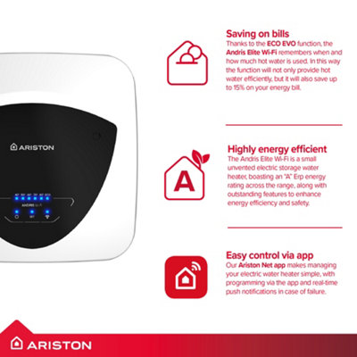 Ariston Andris Elite Wifi 30L 2.5kW Oversink Electric Storage Water Heater with Kit White Wall Mounted 4012008
