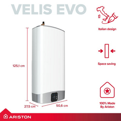 Ariston Velis Evo 80L 1.5kW Electric Storage Water Heater Unvented Cylinder with Unvented Kit White Wall Mounted 3626306