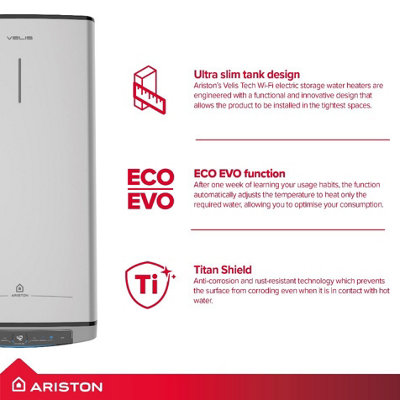 Ariston Velis Tech Wifi 45L Electric Storage Water Heater Brushed Steel Wall Mounted 4018072