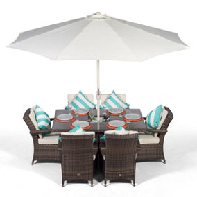 Arizona Rectangle 6 Seat Rattan Dining Set with Ice Bucket Drinks Cooler - Brown