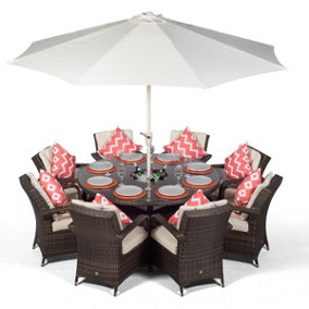 Arizona Round 8 Seater Rattan Dining Set with Ice Bucket Drinks Cooler - Brown