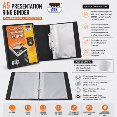 Ark A5 15mm Ring Binder+10 Free Pockets (A5 Presenatation Ring Binder)