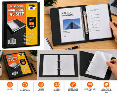 Ark A5 15mm Ring Binder+10 Free Pockets (A5 Presenatation Ring Binder)
