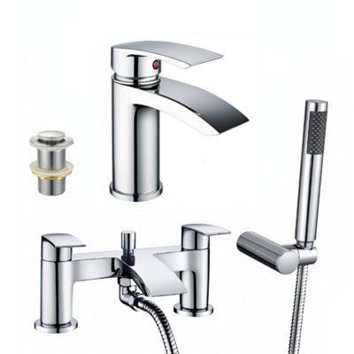 Arko Bath Shower and Basin Mixer Tap Set with Pop up Waste, Waterfall ...