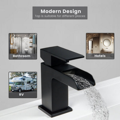 ARKO BATHROOM Black Square Basin Mixer Tap 54 x 138mm, with Pop Up Waste, Modern Waterfall Design for Bathroom Sink