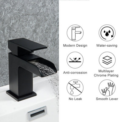 ARKO BATHROOM Black Square Basin Mixer Tap 54 x 138mm, with Pop Up Waste, Modern Waterfall Design for Bathroom Sink