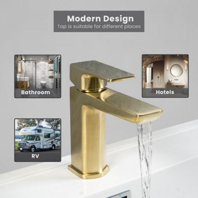 ARKO Bathroom Sink Tap, Mono Basin Mixer Tap, with Single Lever Handle, with Pop up Waste, BRASS