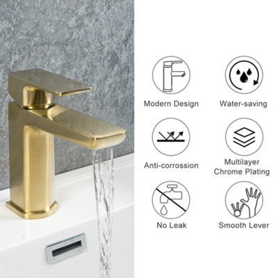 ARKO Bathroom Sink Tap, Mono Basin Mixer Tap, with Single Lever Handle, with Pop up Waste, BRASS