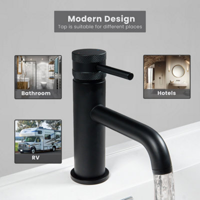 ARKO Bathroom Sink Tap, Round Basin Mixer TapSingle-Lever with Durable Ceramic Cartridge ,BLACK