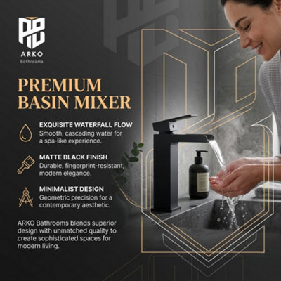 ARKO Bathroom Sink Tap, Square Mono , Basin Mixer Tap Single-Lever with Durable Ceramic Cartridge ,BLACK