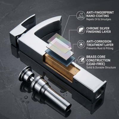 ARKO BATHROOM Tall Chrome Basin Mixer Tap 54x315mm, Modern Square Design, Single Lever, Drip-Free Ceramic Disc Technology