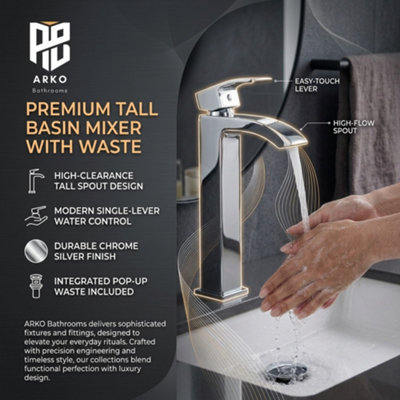 ARKO BATHROOM Tall Chrome Basin Mixer Tap 54x315mm, Modern Square Design, Single Lever, Drip-Free Ceramic Disc Technology