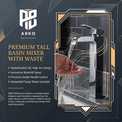 ARKO Tall Basin Tap,Waterfall Bathroom High-Rise Sink, CHROME