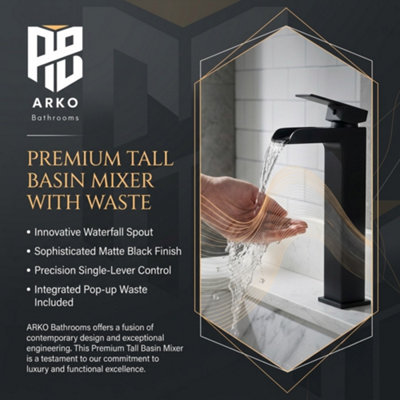 ARKO Tall Basin Tap, Waterfall Bathroom High-Rise Sink, Matte Black