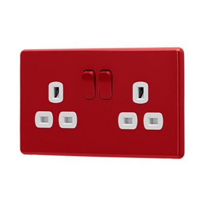 Arlec Rocker Screwless Double 2 Gang 13A Switched Socket Cherry Red White Inserts Slim Plate Rounded Profile Single Pole SP