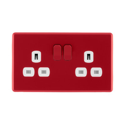 Arlec Rocker Screwless Double 2 Gang 13A Switched Socket Cherry Red White Inserts Slim Plate Rounded Profile Single Pole SP
