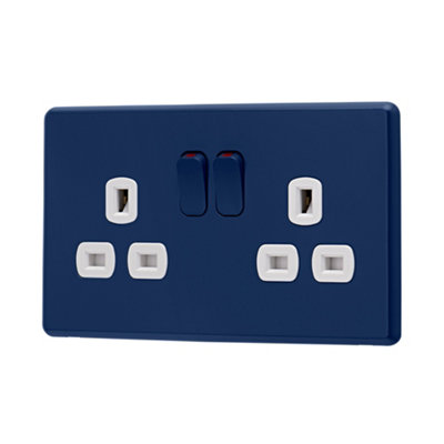 Arlec Rocker Screwless Double 2 Gang 13A Switched Socket Galaxy Blue White Inserts Slim Plate Rounded Profile Single Pole SP