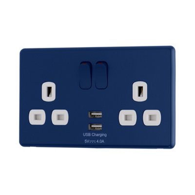 Arlec Rocker Screwless Double 2 Gang 13A USB 4A 15W 2 Outlet Type A Switched Power Socket Galaxy Blue White Inserts Slim Plate