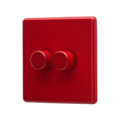 Arlec Rocker Screwless Double 2 Gang, 2 Way 10A Dimmer Light Switch Cherry Red Slim Plate Rounded Profile Dual Twin