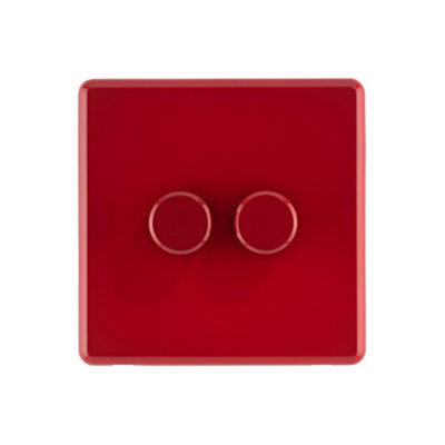 Arlec Rocker Screwless Double 2 Gang, 2 Way 10A Dimmer Light Switch Cherry Red Slim Plate Rounded Profile Dual Twin