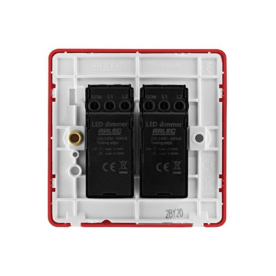 Arlec Rocker Screwless Double 2 Gang, 2 Way 10A Dimmer Light Switch Cherry Red Slim Plate Rounded Profile Dual Twin