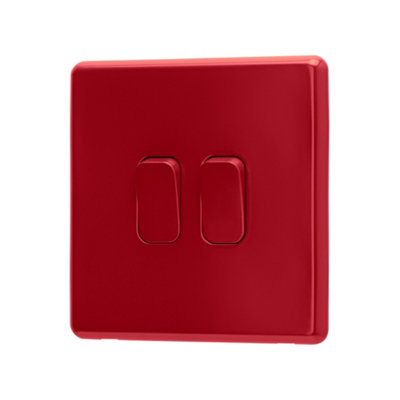 Arlec Rocker Screwless Double Light Switch 2 Gang, 2 Way 10A Cherry Red Raised Slim Plate Rounded Profile Dual Twin