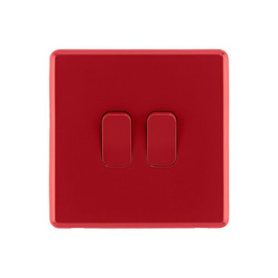 Arlec Rocker Screwless Double Light Switch 2 Gang, 2 Way 10A Cherry Red Raised Slim Plate Rounded Profile Dual Twin